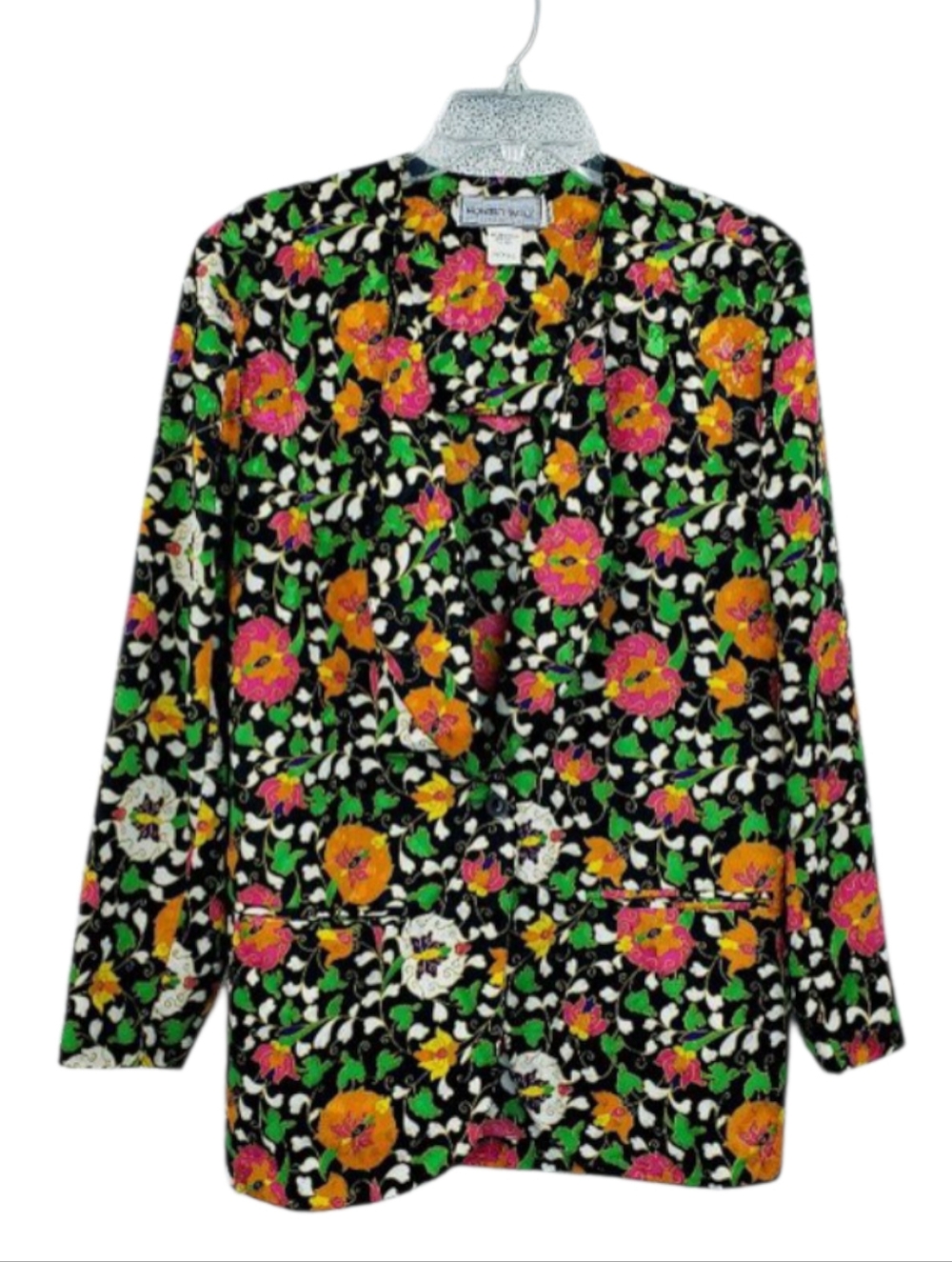 Vintage Howard Wolf Dallas Blazer Jacket Womens 12 Black Multicolor Floral Satin